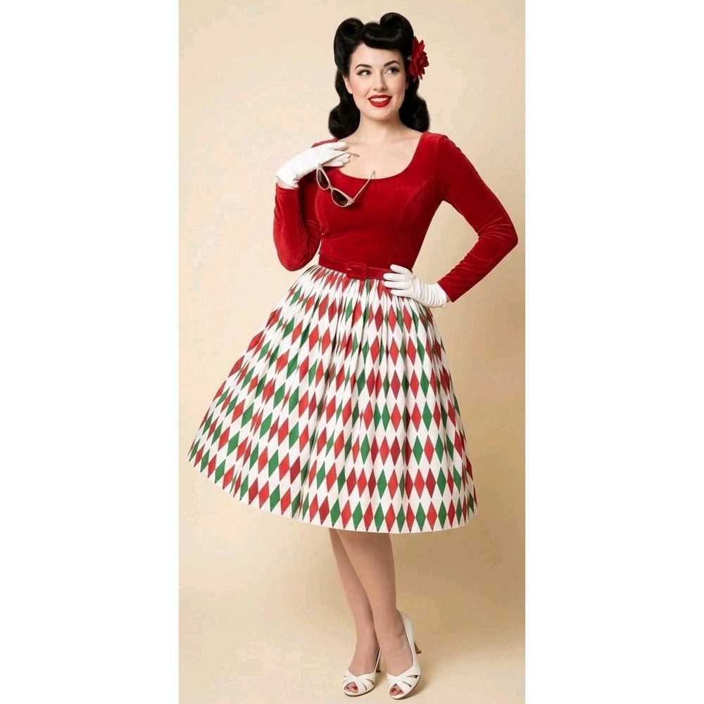 Pinup Couture Swing Skirt Skater Women's S Red White Harlequin Rockability 50s